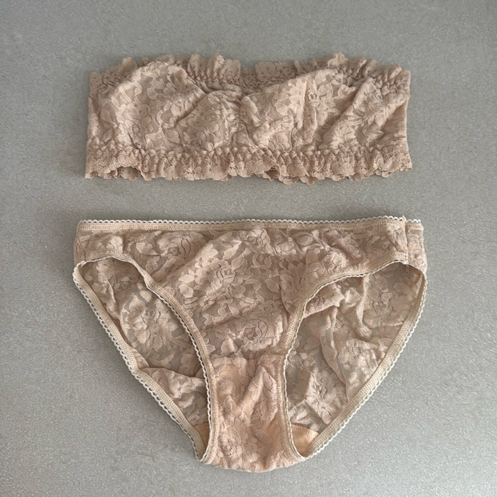 Hanky Panky set bandeau top bikini bottom stretch nude color lace size small
